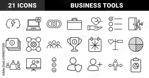 Business and office line icon set. Vector pictograms of briefcase, calendar, calculator, lightbulb, megaphone, shield, globe, and magnifying glass, thin outline illustration.