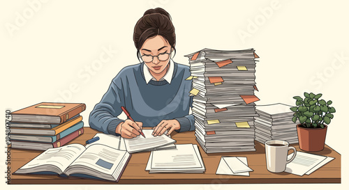 Woman working at desk with towering stacks of documents and books, studying concept