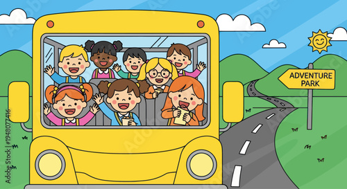 Happy diverse children waving from school bus on sunny day trip to adventure park