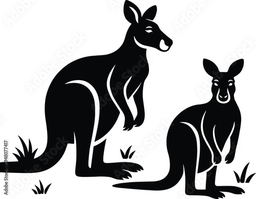 Two kangaroo silhouettes vector illustration with Australian wildlife marsupial mother and joey standing on grass isolated on white background for outback nature travel design