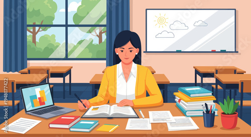 Female teacher working at desk in classroom with laptop, books and whiteboard