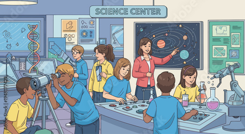 Children Learning Science in Interactive Science Center Classroom