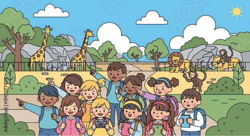Diverse Kids School Trip Zoo Safari Animals Exciting Adventure Cartoon Style