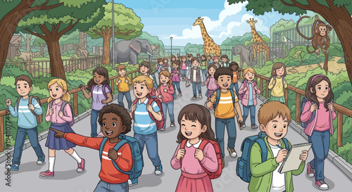 Diverse Children on a Zoo Field Trip with Animals