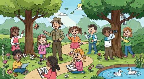 Park Ranger Leads Children on Nature Walk, Observing Wildlife and Drawing