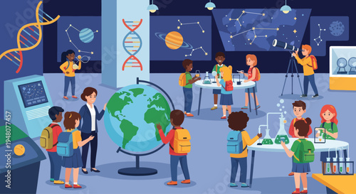 Children Explore Science Museum with Globe, DNA, Planets and Experiments