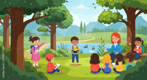 Children Learning Nature Outdoors with Teacher by Lake, Fun Educational Activity