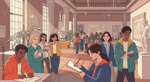 Diverse students sketching dinosaur skeleton in a bright art museum class