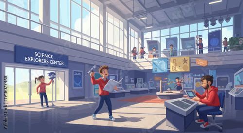 Pixel Art Science Explorers Center with interactive exhibits and curious visitors