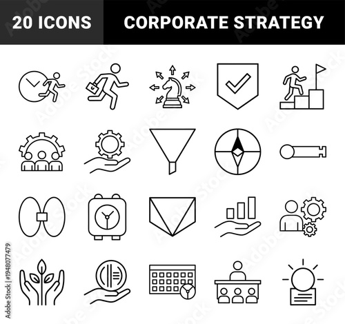 Business management and strategy line icon set. Vector pictograms of clock, knight, funnel, gears, growth, calendar, and lightbulb, thin outline illustration.