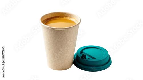 Isolated beige paper takeaway coffee cup and a teal plastic lid for hot morning drinks