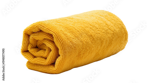 Фотография Isolated yellow microfiber towel rolled up, fluffy texture, soft fabric for clea