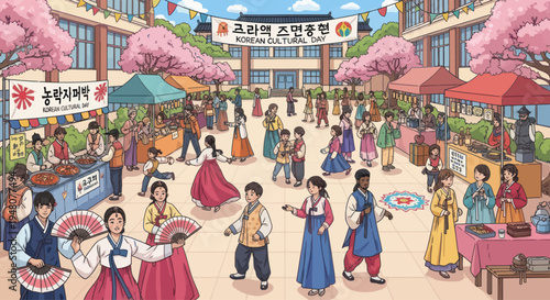 Korean Cultural Festival Celebration in Schoolyard with Hanbok-clad People and Food Stalls
