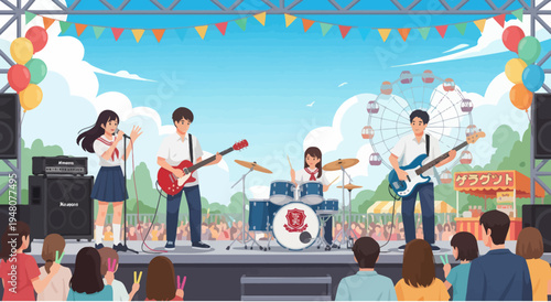 Young Band Performs Live Music on Stage at Outdoor Summer Festival with Ferris Wheel