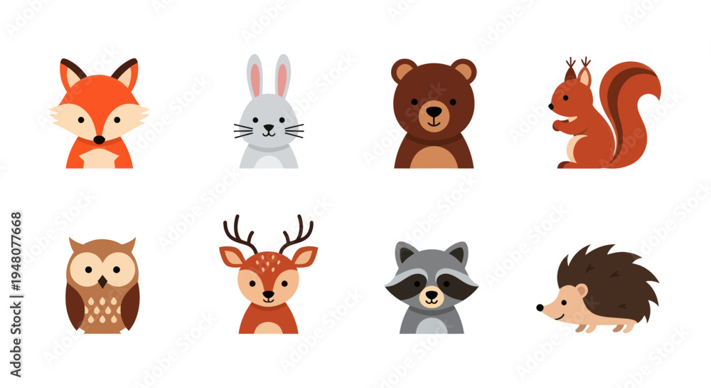 Fototapeta premium Cartoon forest animal portraits vector set