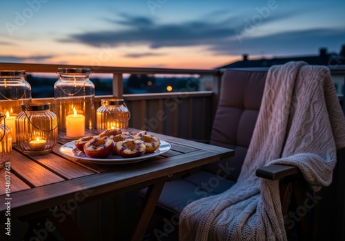 Grilled peach on plate on balcony table at sunset. Lit candles in glass lantern and warm blanket on chair. Romantic evening atmosphere, home leisure, twilight outdoor relaxation concept.