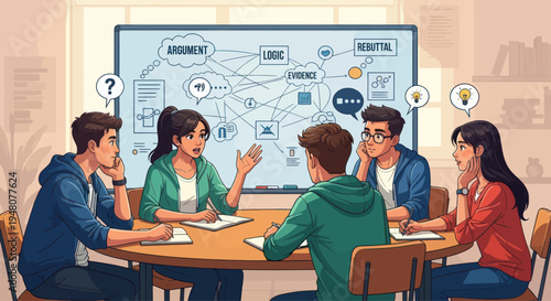 Diverse team brainstorming and collaborating on a project with a mind map on a whiteboard