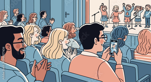 Diverse audience applauds children performance on stage, parent films event with smartphone