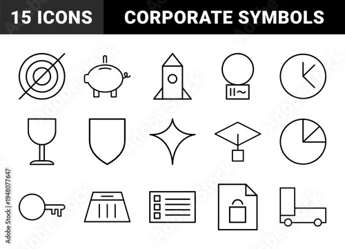 Business and finance line icon set. Vector pictograms of target, rocket, piggy bank, shield, clock, goblet, pie chart, key, cap, truck, and file, thin outline illustration.