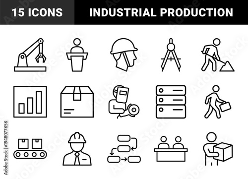 Industrial and manufacturing line icon set. Vector pictograms of engineer, worker, robot arm, compass, chart, welder, box, conveyor, and server, thin outline illustration.
