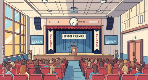 School Assembly Hall with Students and Speaker on Stage, Pixel Art Style