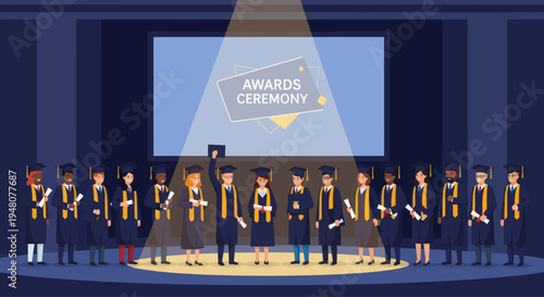 Diverse Graduates Celebrating Awards Ceremony on Stage with Diploma Scrolls