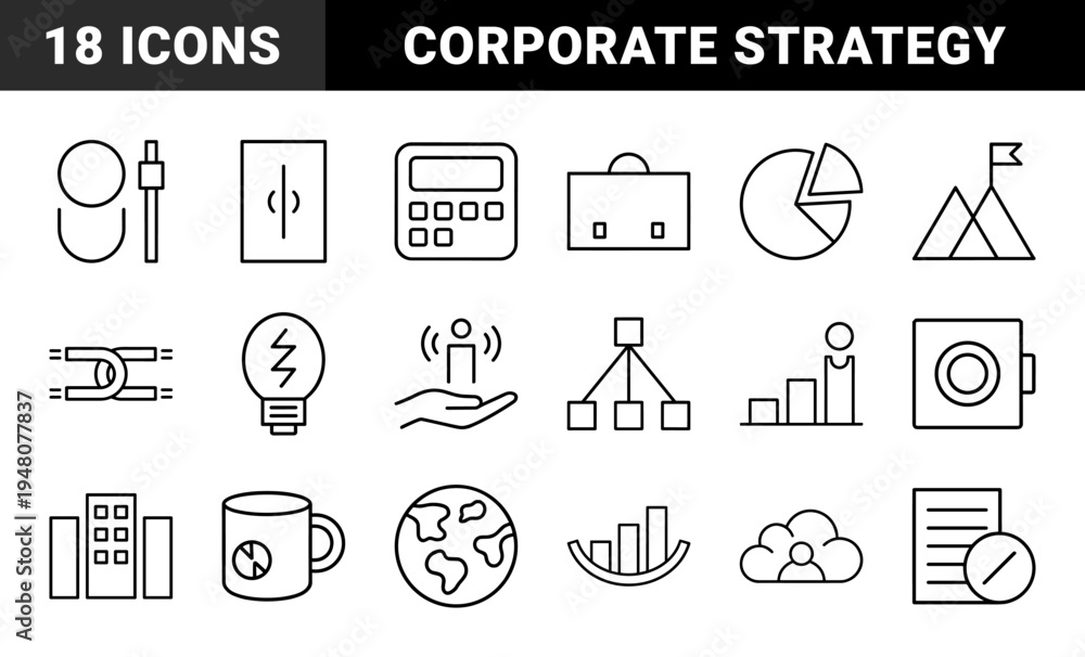 Fototapeta premium Business line icon set. Vector pictograms of briefcase, lightbulb, analytics, calculator, globe, building, and organizational chart, thin outline illustration.