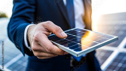 Businessman inspecting solar panel for renewable energy project outdoors