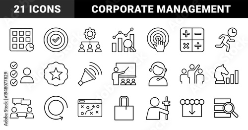 Business and management line icon set. Vector pictograms of hierarchy, analytics, calendar, strategy, and customer support, thin outline illustration.