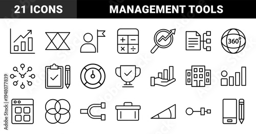 Business management icon set. Vector pictograms of calculator, graph, magnifying glass, clipboard, building, trophy, and smartphone, thin outline illustration.