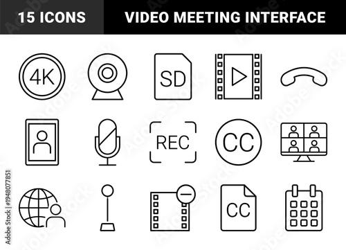 Video conferencing and digital media line icon set. Vector pictograms of webcam, microphone, record, calendar, and streaming interface, thin outline illustration.