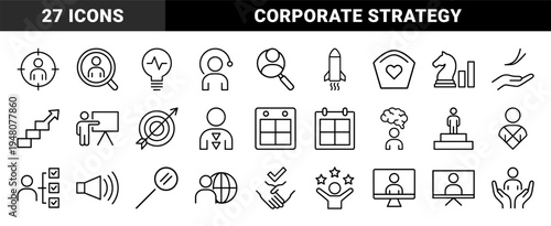 Business and human resources line icon set. Vector pictograms of target, rocket, strategy, calendar, handshake, and leadership, thin outline illustration.