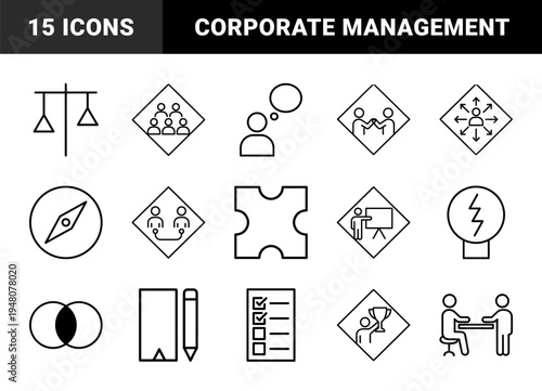 Business management and leadership icon set. Vector pictograms of team collaboration, strategy, planning, coaching, and performance, thin line illustration.