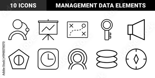Business management line icon set. Vector pictograms of map, user, chart, key, clock, shield, megaphone, rocket, compass, and database, thin outline illustration.