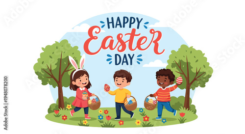 Joyful children searching for colorful Easter eggs in blooming spring park with baskets, flowers, and festive decorations in modern flat vector style