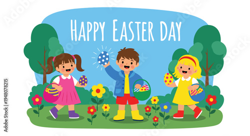 Joyful children searching for colorful Easter eggs in blooming spring park with baskets, flowers, and festive decorations in modern flat vector style