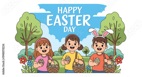 Joyful children searching for colorful Easter eggs in blooming spring park with baskets, flowers, and festive decorations in modern flat vector style