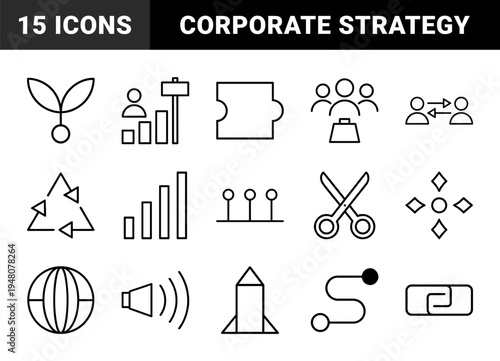 Business and growth line icon set. Vector pictograms of plant, teamwork, puzzle, charts, recycling, communication, globe, and rocket, thin outline illustration.