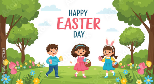 Joyful children searching for colorful Easter eggs in blooming spring park with baskets, flowers, and festive decorations in modern flat vector style