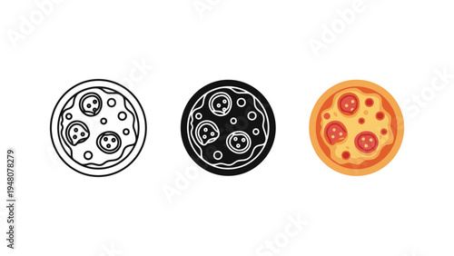 three progressive pizza designs from sketch to final flat vector illustration