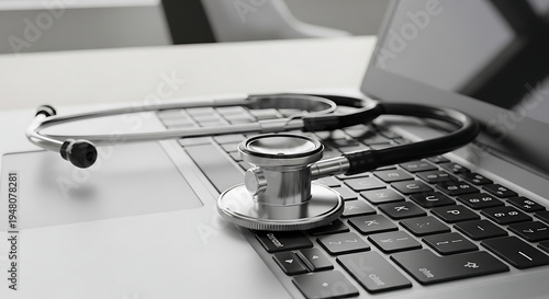 Digital Healthcare Concept Stethoscope on Laptop Keyboard for Telemedicine and Medical Technology