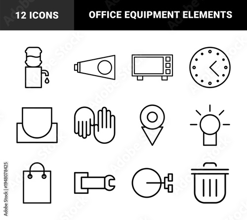 Household and office line icon set. Vector pictograms of microwave, clock, water cooler, megaphone, hands, location, bulb, shopping bag, wrench and trash bin.