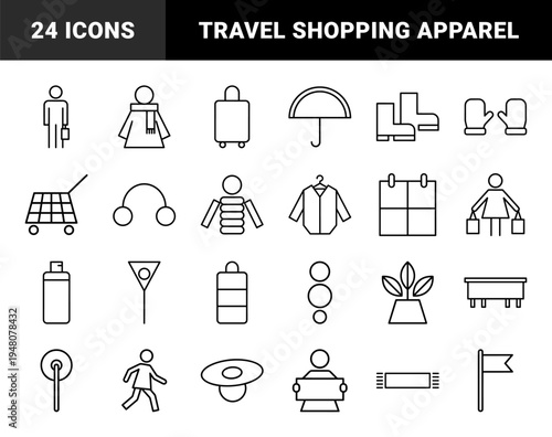 Lifestyle and travel line icon set. Vector pictograms of luggage, umbrella, scarf, mittens, shopping cart, and outdoor apparel, thin outline illustration.