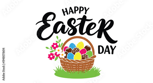 Easter basket filled with colorful decorated eggs and blooming spring flowers arranged in clean modern flat solid color vector style