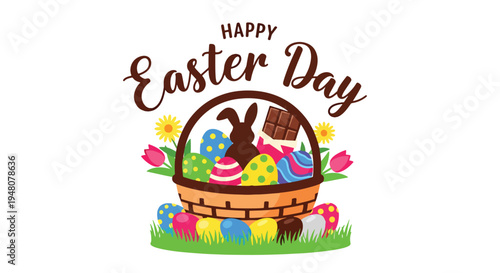 Easter basket filled with colorful decorated eggs and blooming spring flowers arranged in clean modern flat solid color vector style