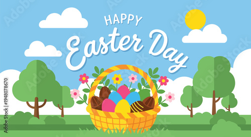 Easter basket filled with colorful decorated eggs and blooming spring flowers arranged in clean modern flat solid color vector style