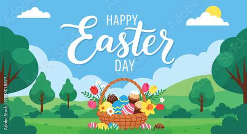 Easter basket filled with colorful decorated eggs and blooming spring flowers arranged in clean modern flat solid color vector style