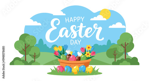 Easter basket filled with colorful decorated eggs and blooming spring flowers arranged in clean modern flat solid color vector style