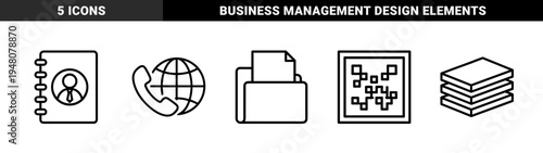 Business and communication icon set. Vector pictograms of document folder, address book, phone globe, data chip, and paper stack, black line illustration.