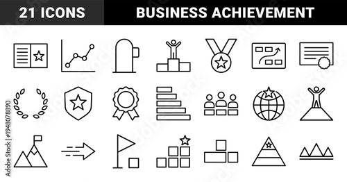 Business achievement and success icon set. Vector pictograms of medal, trophy, certificate, laurel, shield, podium, mountain, and charts, thin outline illustration.